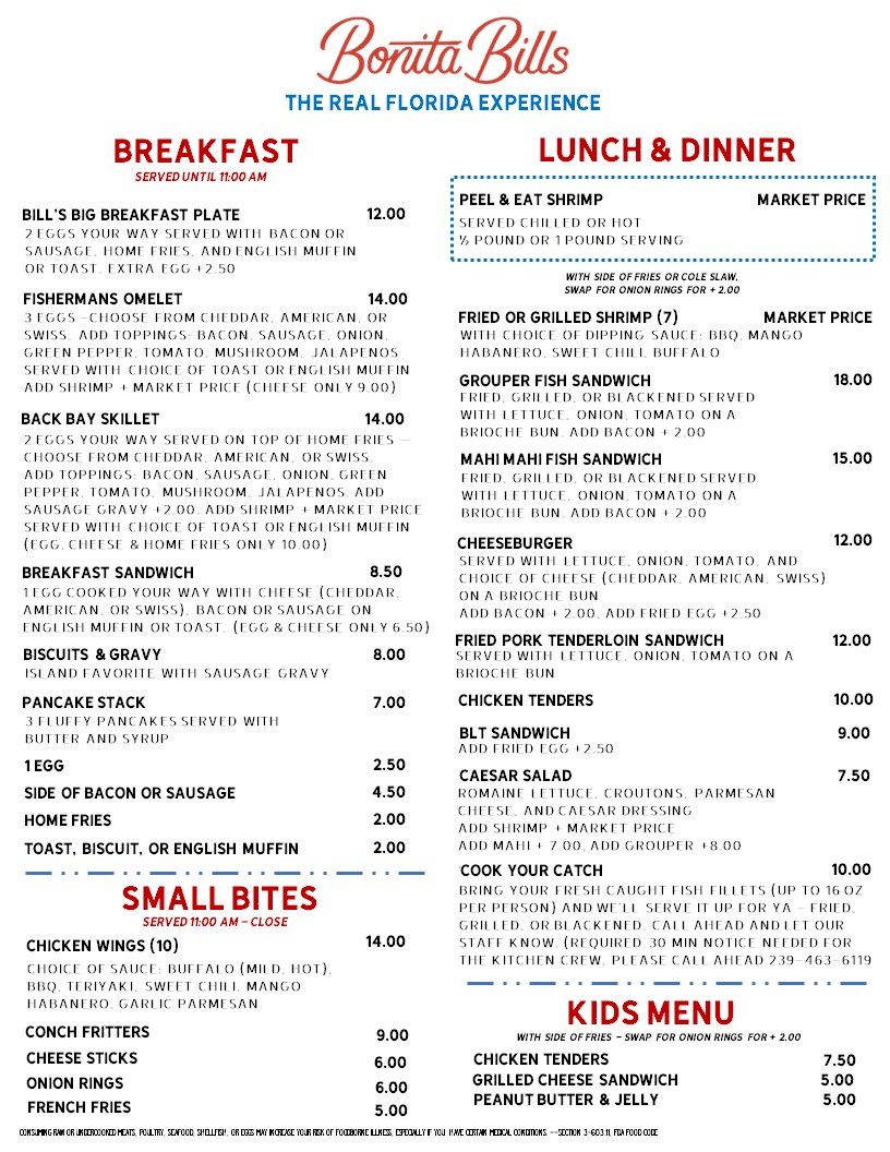 Seafood dishes with drinks on the menu.