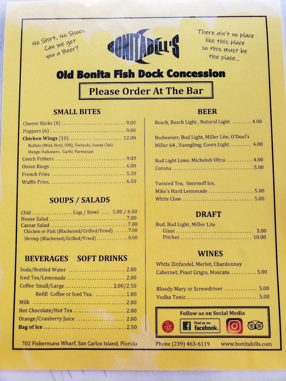 Fresh shrimp and small plates listed.